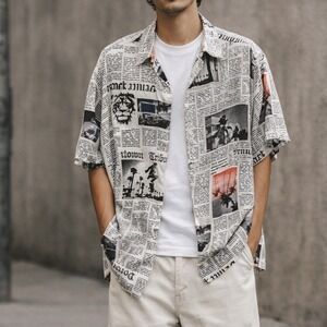 No Boundaries Mens Newspaper Print Button Front Shirt 2XL Streetwear Y2K Art